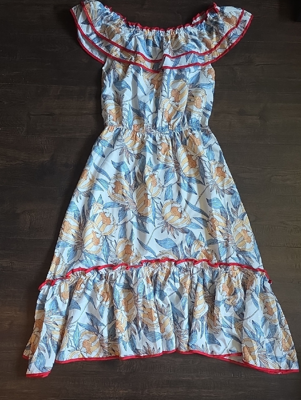 Women's Floral Off-Shoulder Ruffle Dress - White & Blue with Red Trim